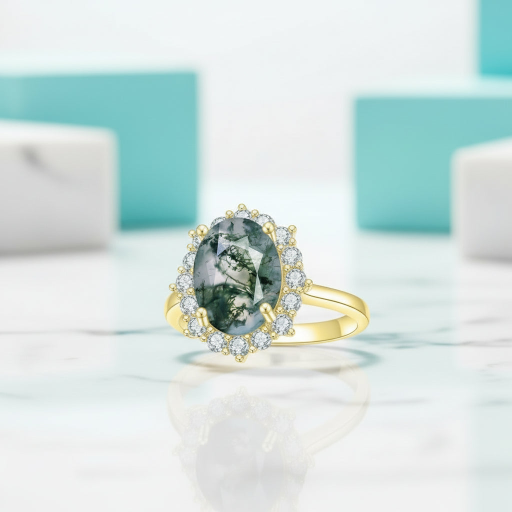 Halo of Dewdrops- Moss Agate Oval Cut Unique Cluster Halo Engagement Ring-Evani Jewelry
