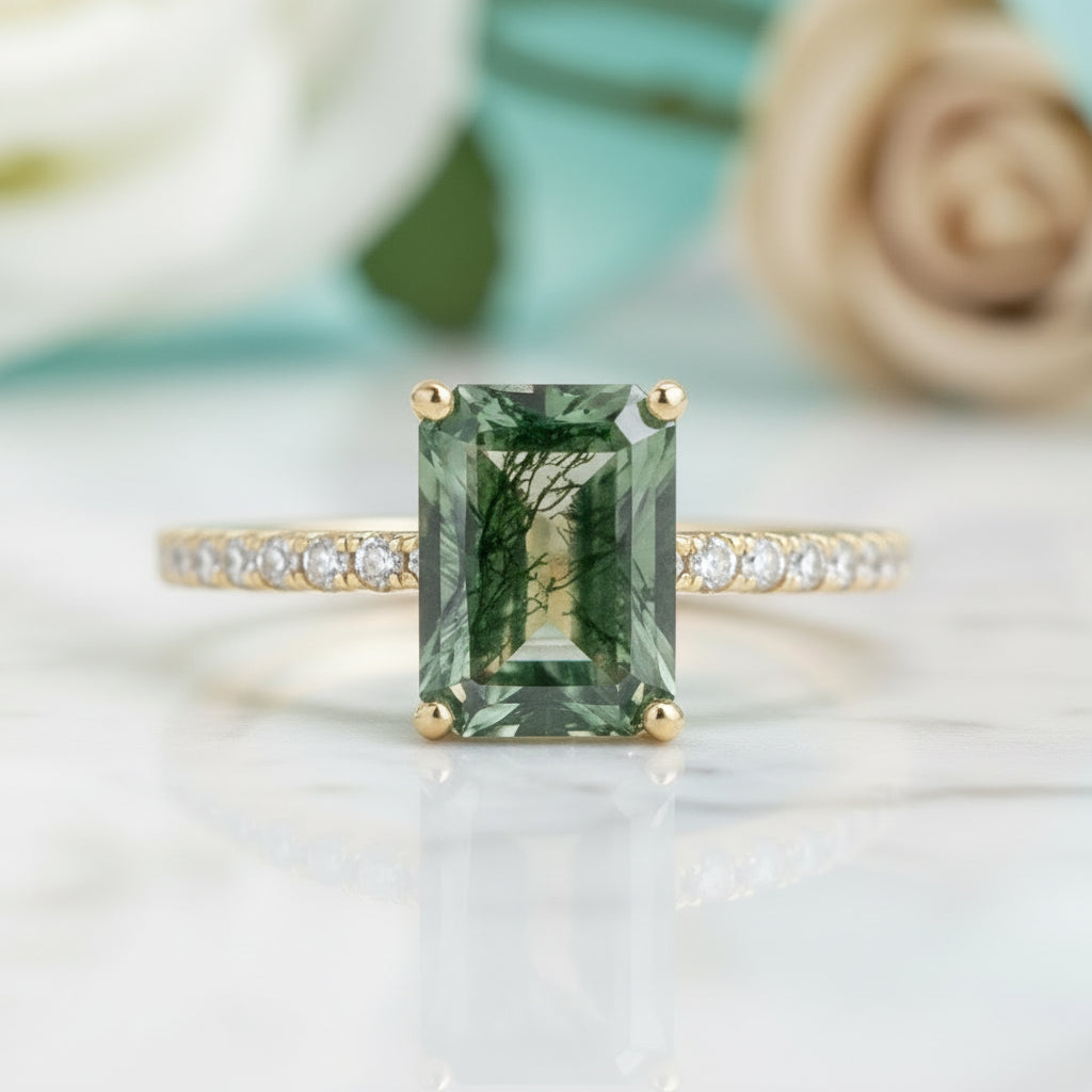 Love Unveiled- Octagon Cut Pave Set & Moss Agate Engagement Ring-Evani Jewelry