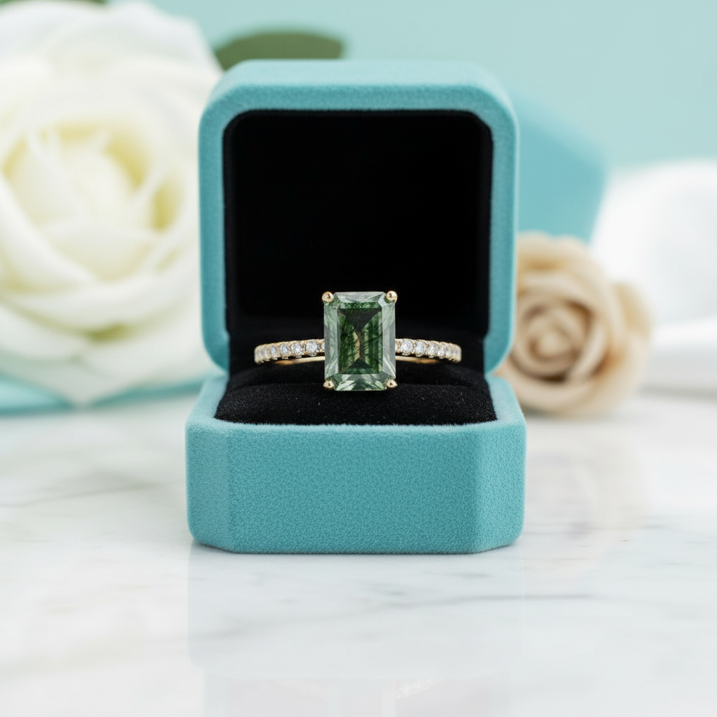 Love Unveiled- Octagon Cut Pave Set & Moss Agate Engagement Ring - Evani Naomi Jewelry