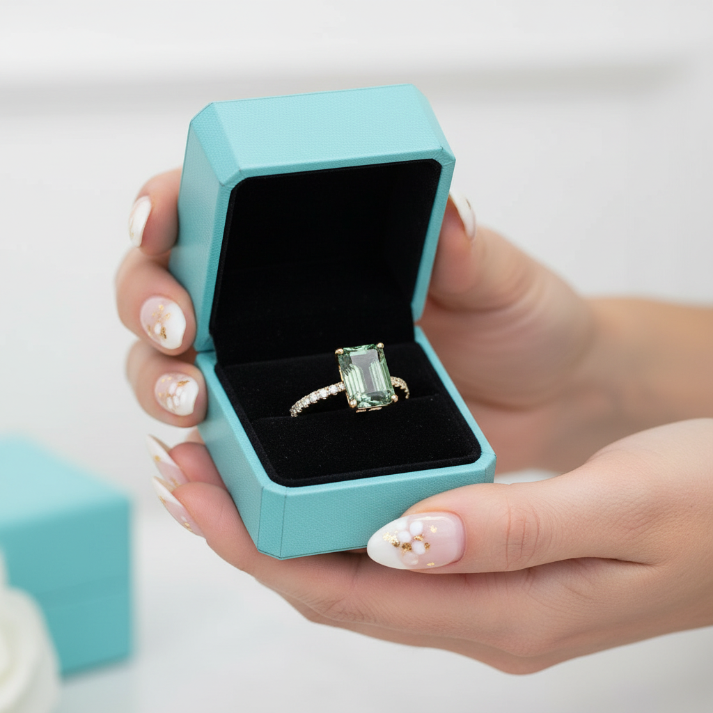 Love Unveiled- Octagon Cut Pave Set & Moss Agate Engagement Ring