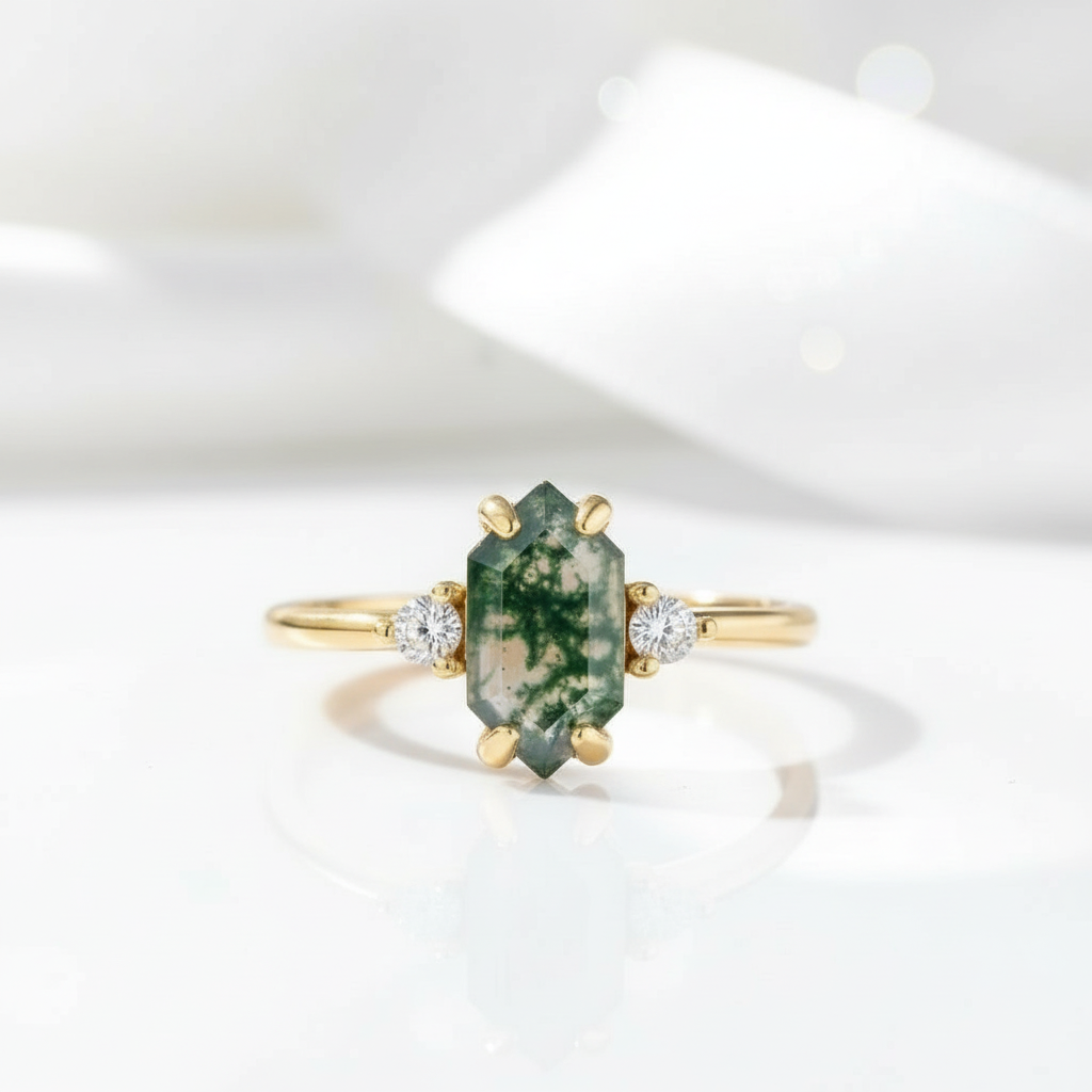 Stamped with Love- Geometric Moss Agate Gold Open Rings