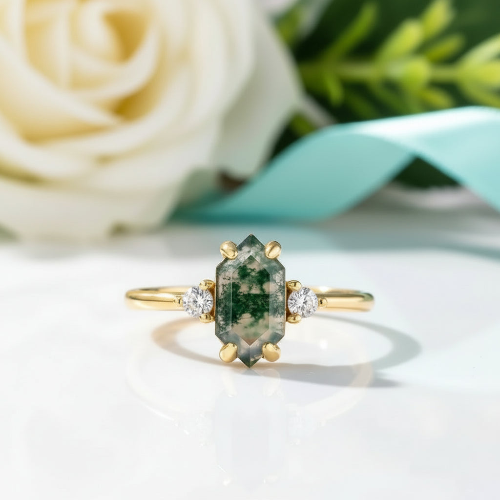 Stamped with Love- Geometric Moss Agate Gold Open Rings-Evani Jewelry