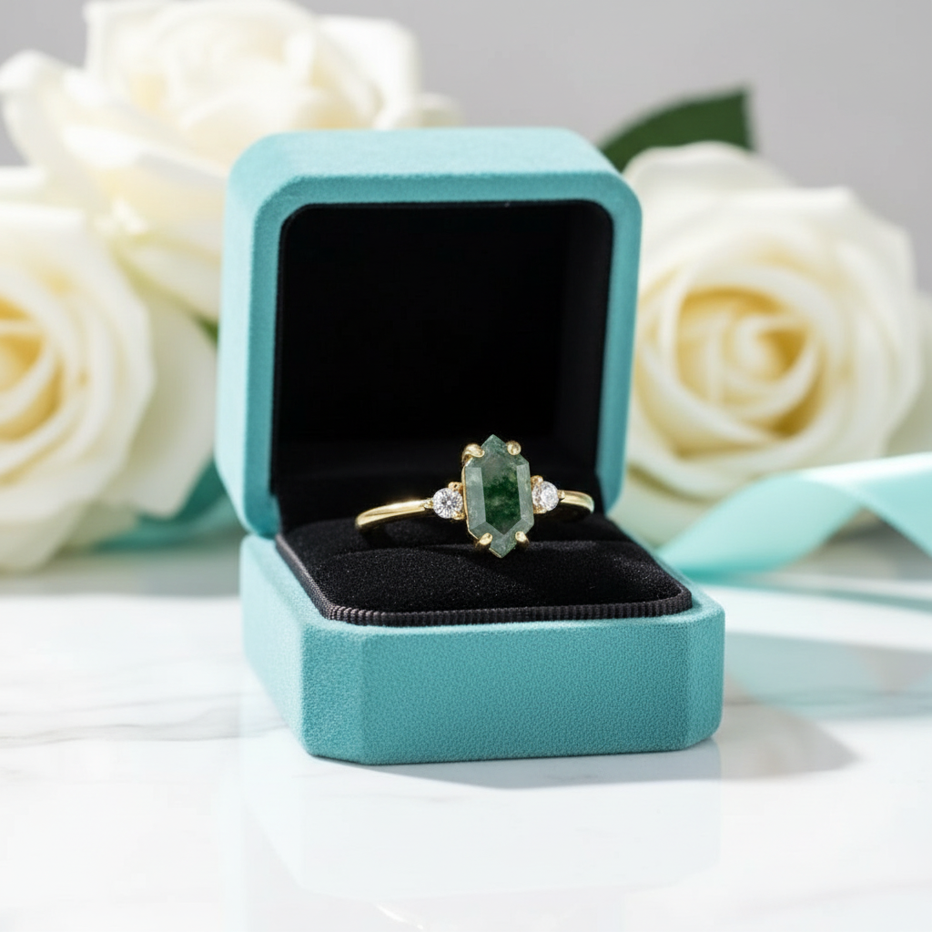 Stamped with Love- Geometric Moss Agate Gold Open Rings - Evani Naomi Jewelry