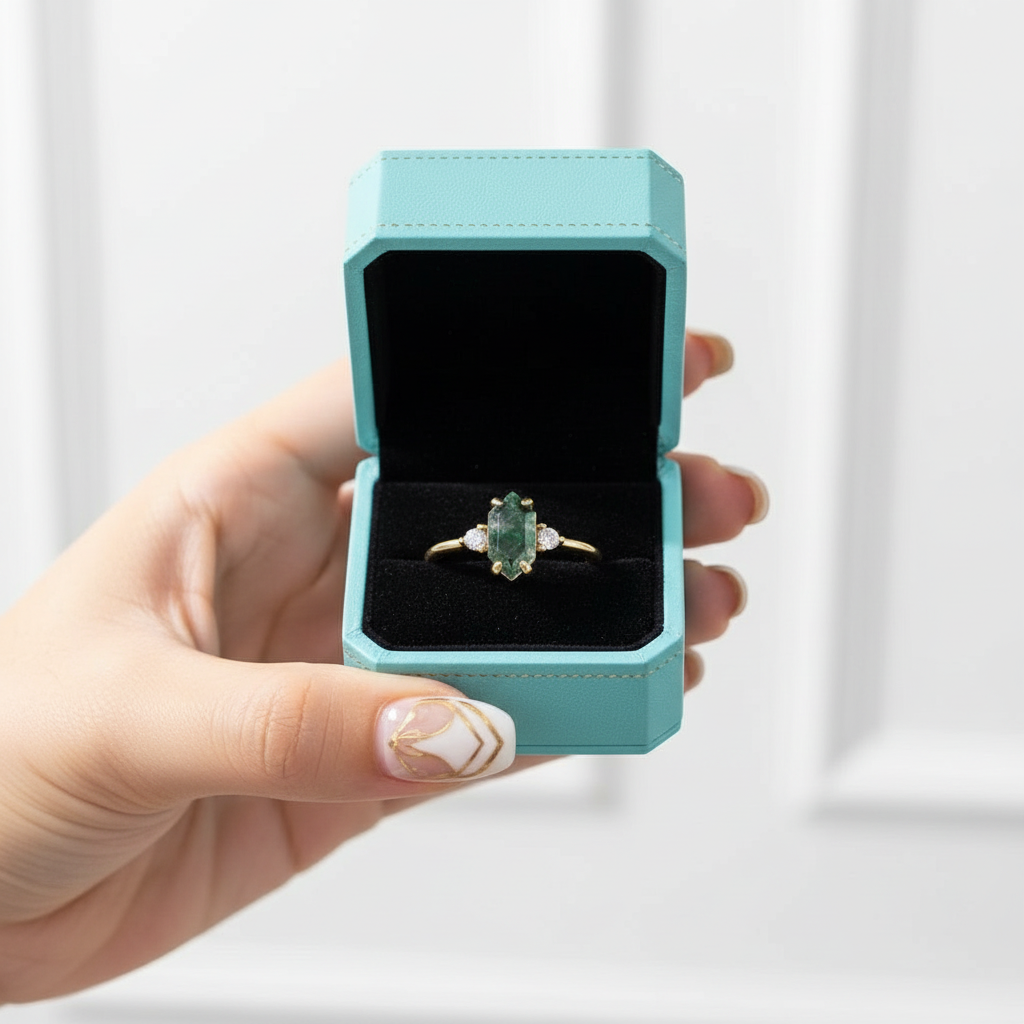 Stamped with Love- Geometric Moss Agate Gold Open Rings