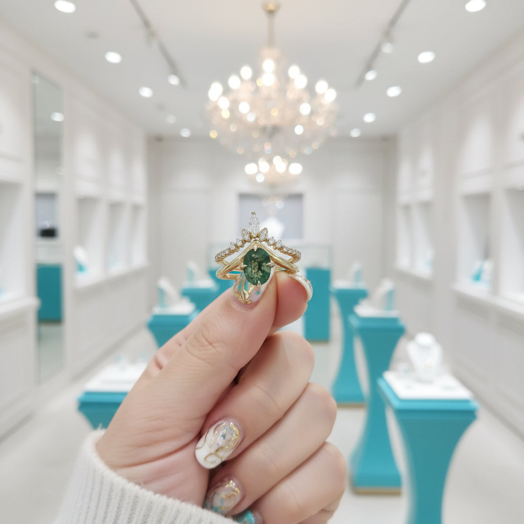 Captured Starlight- Unique Moss Agate V Shape Engagement Ring Set-Evani Jewelry