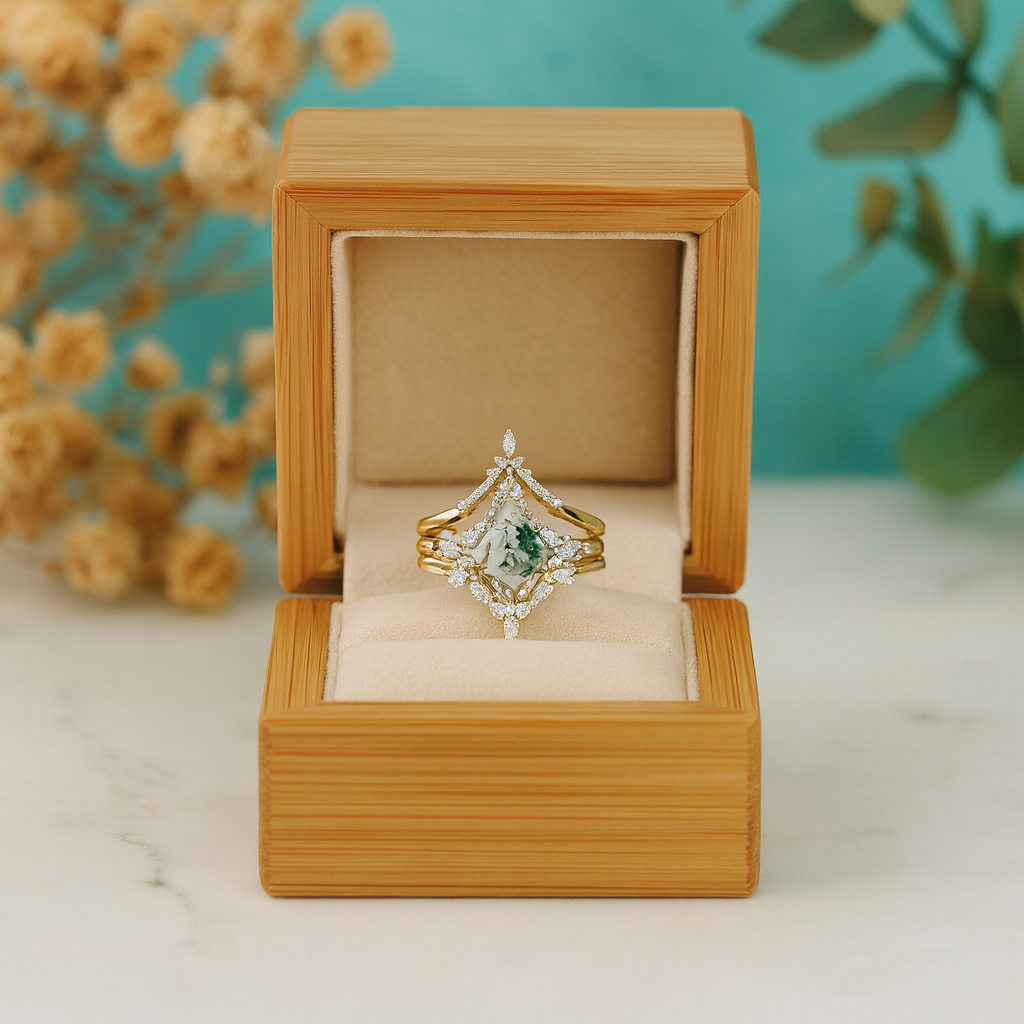 Gold ring with a green gemstone in a wooden box against a blurred natural background