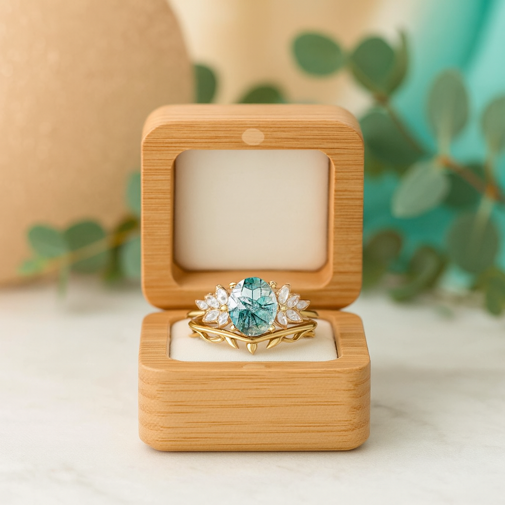 Gold ring with a green gemstone in a wooden box on a light background