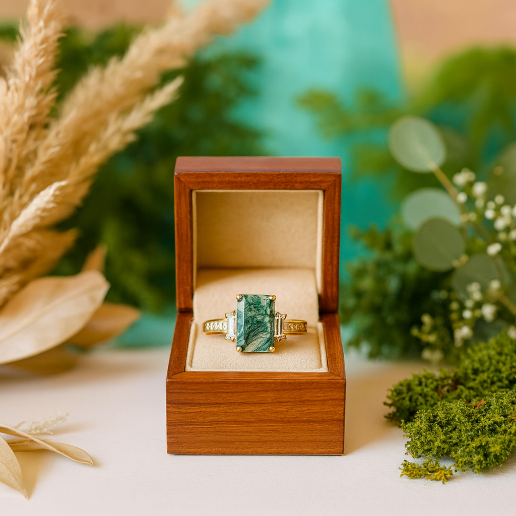 Gold ring with a green gemstone in a wooden box surrounded by nature-themed decor.