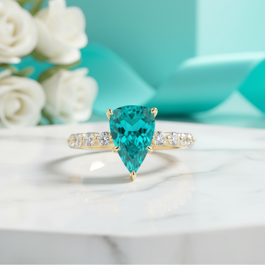 Gold ring with a green gemstone in a wooden box surrounded by roses.