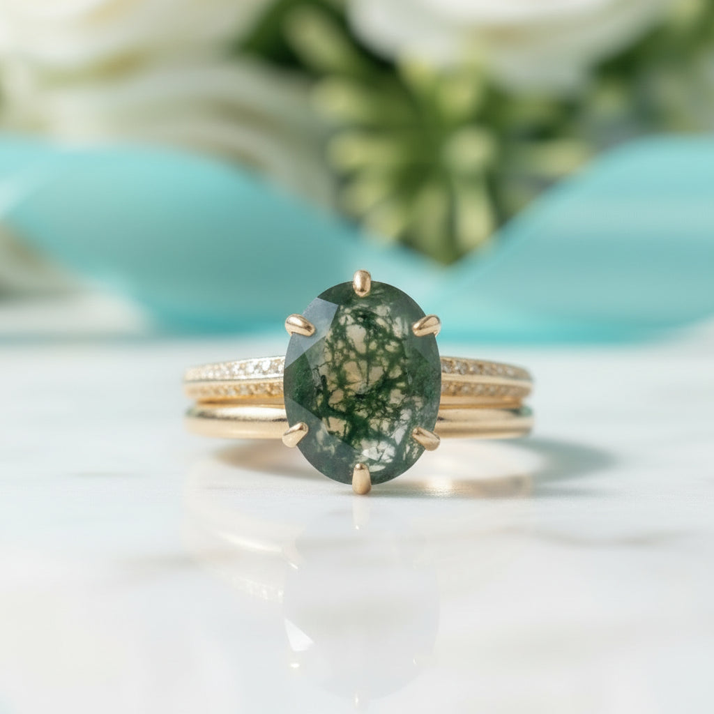 Worlds Entwine- Unique Moss Agate Engagement Ring Set-Evani Jewelry