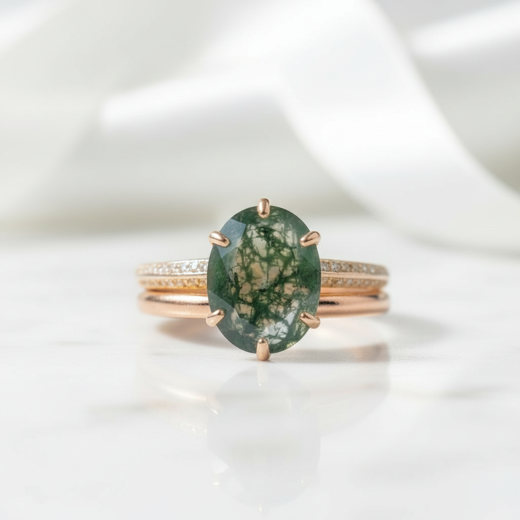 Worlds Entwine- Unique Moss Agate Engagement Ring Set