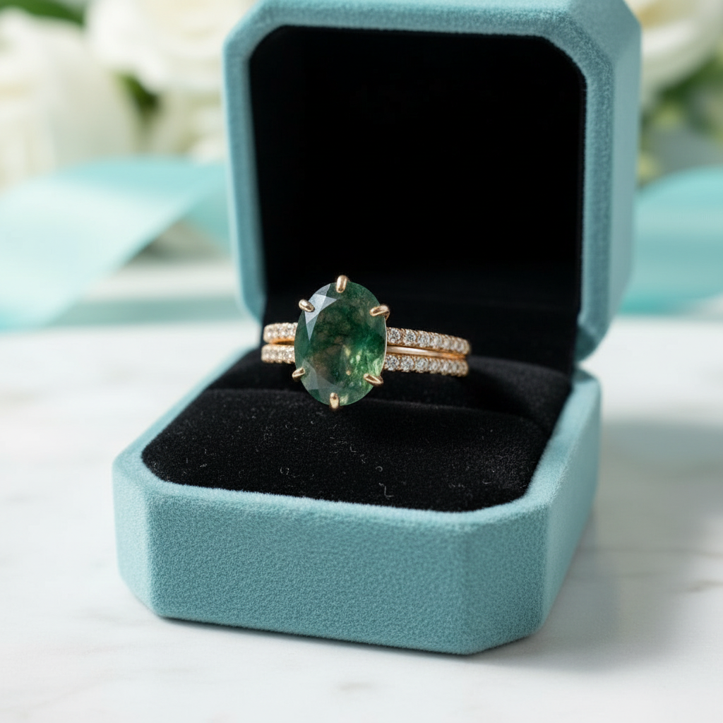 Worlds Entwine- Unique Moss Agate Engagement Ring Set - Evani Naomi Jewelry