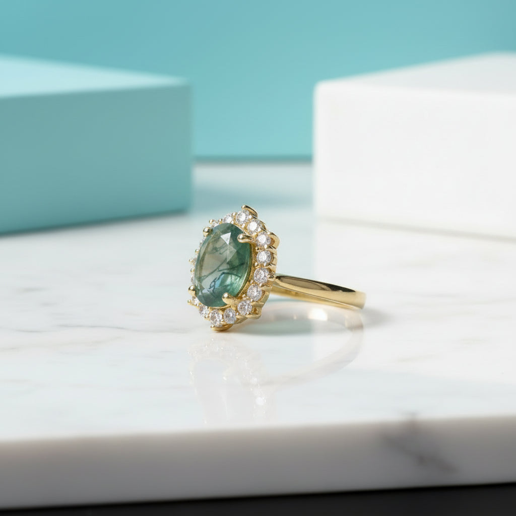 Halo of Dewdrops- Moss Agate Oval Cut Unique Cluster Halo Engagement Ring-Evani Jewelry