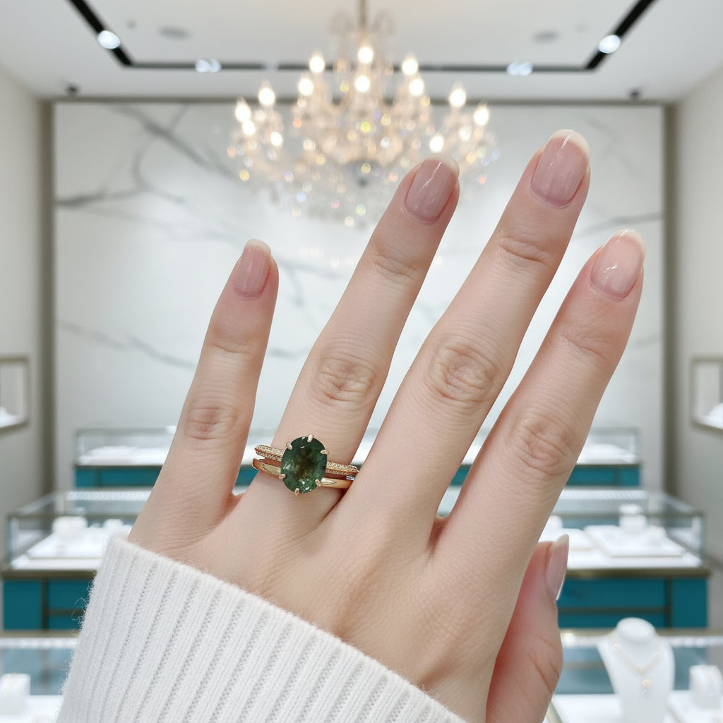 Worlds Entwine- Unique Moss Agate Engagement Ring Set-Evani Jewelry