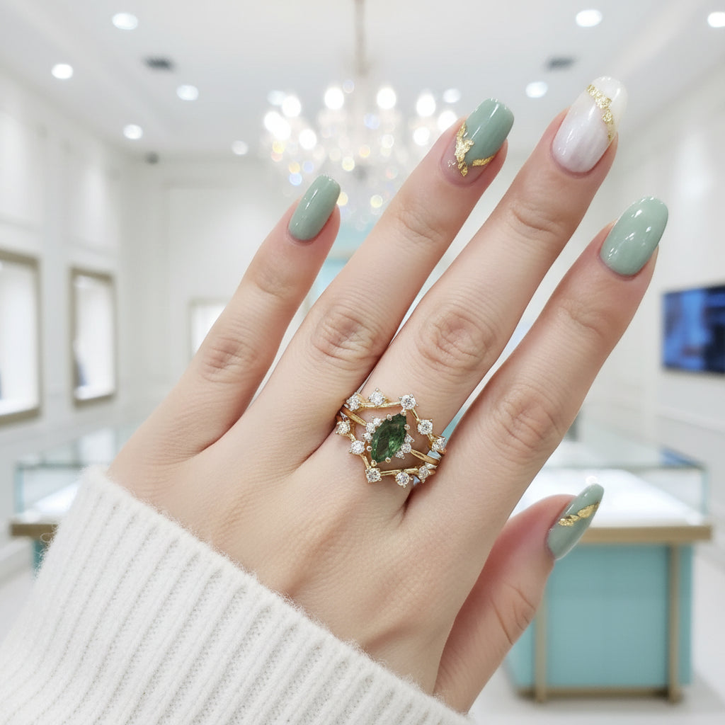 Testament to Love- Marquise Natural Moss Agate Engagement Ring-Evani Jewelry