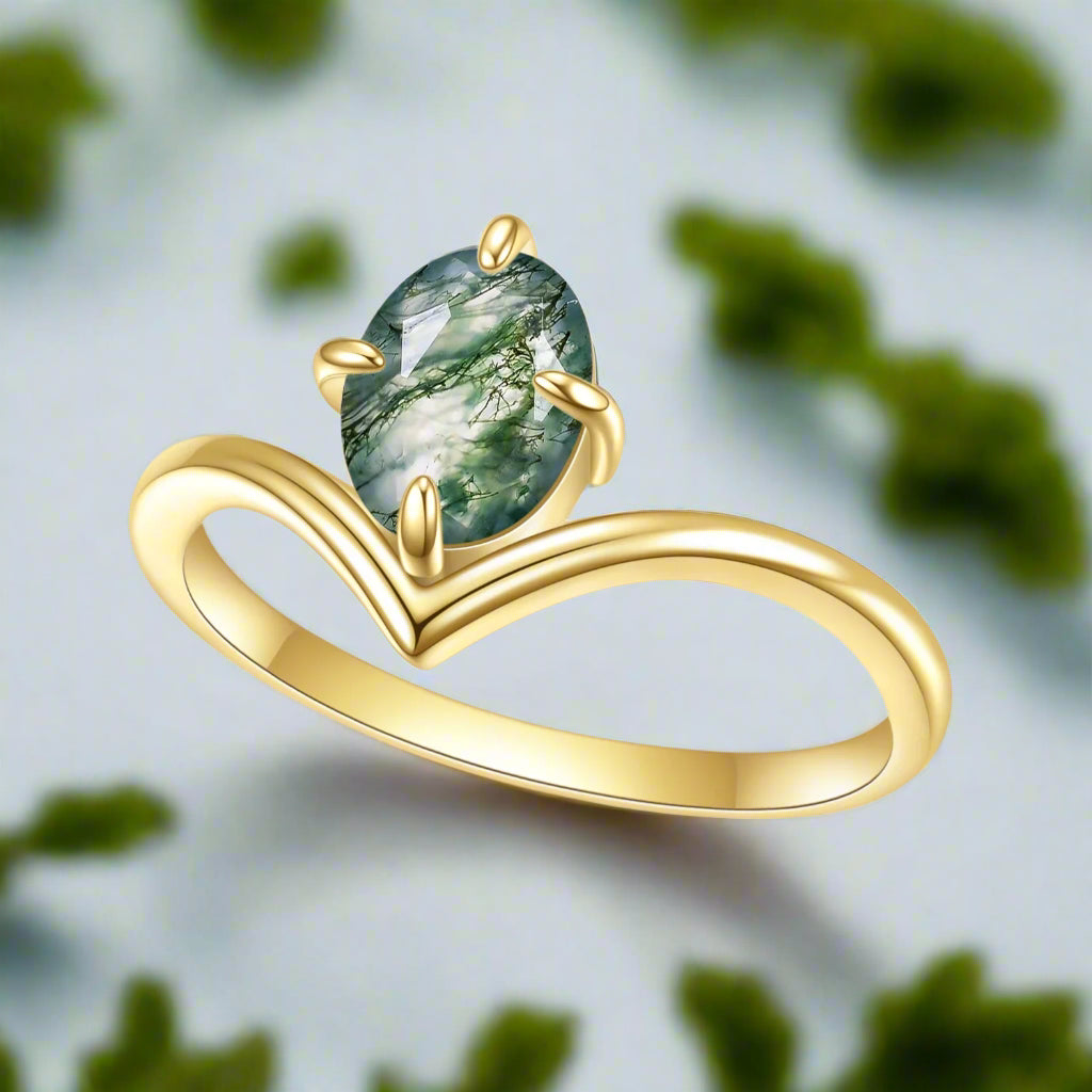 Thread of Destiny- Gold Curved Ring Oval Natural Moss Agate-Evani Jewelry