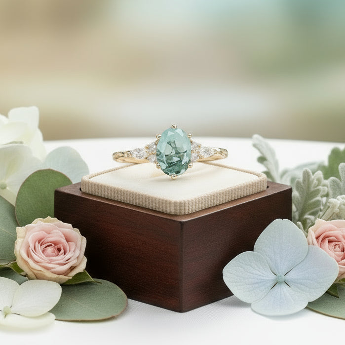 Gold ring with a green gemstone on a white surface