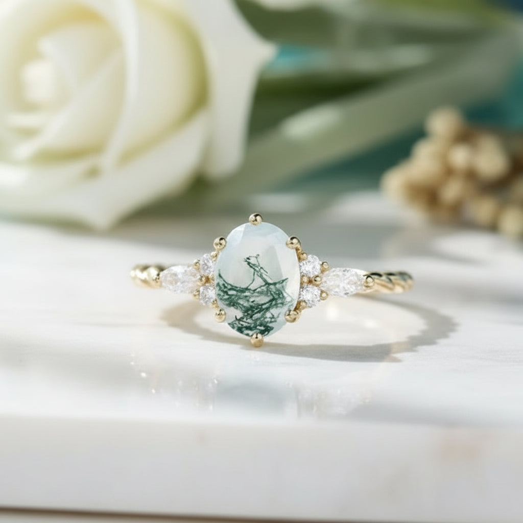 Twist of Fate- Natural Moss Agate Twisted Ring-Evani Jewelry