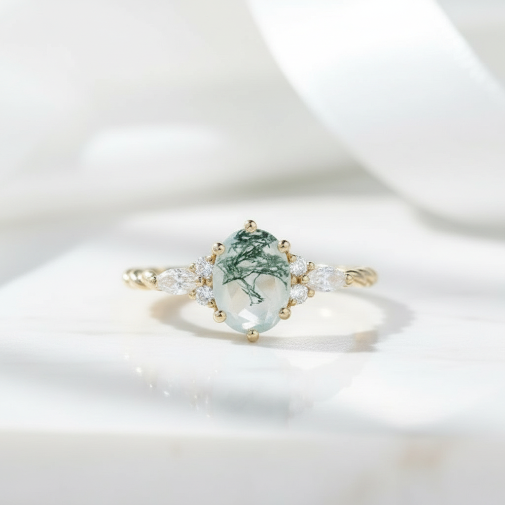 Twist of Fate- Natural Moss Agate Twisted Ring