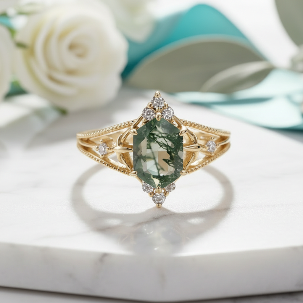 Unwritten Chapter- Princess Cut Natural Moss Agate Ring-Evani Jewelry