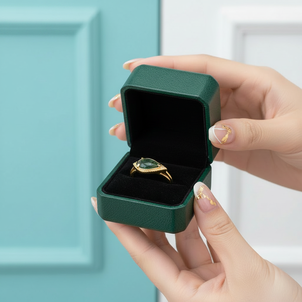 Sealed Vows- Pear Cut Moss Agate Gold Open Ring