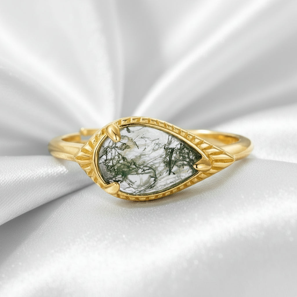 Sealed Vows- Pear Cut Moss Agate Gold Open Ring-Evani Jewelry