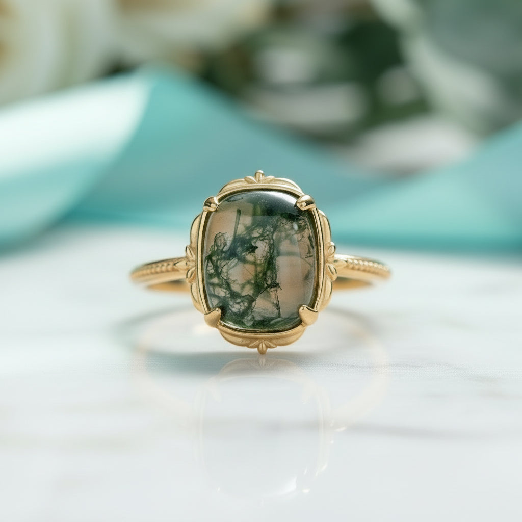Ring of Ever-Green- Oval Cut Moss Agate Engagement Rings-Evani Jewelry