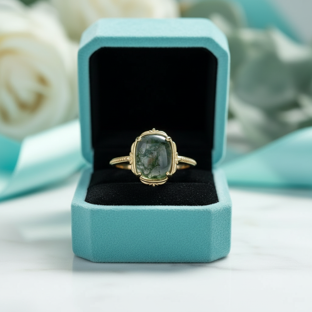 Ring of Ever-Green- Oval Cut Moss Agate Engagement Rings - Evani Naomi Jewelry