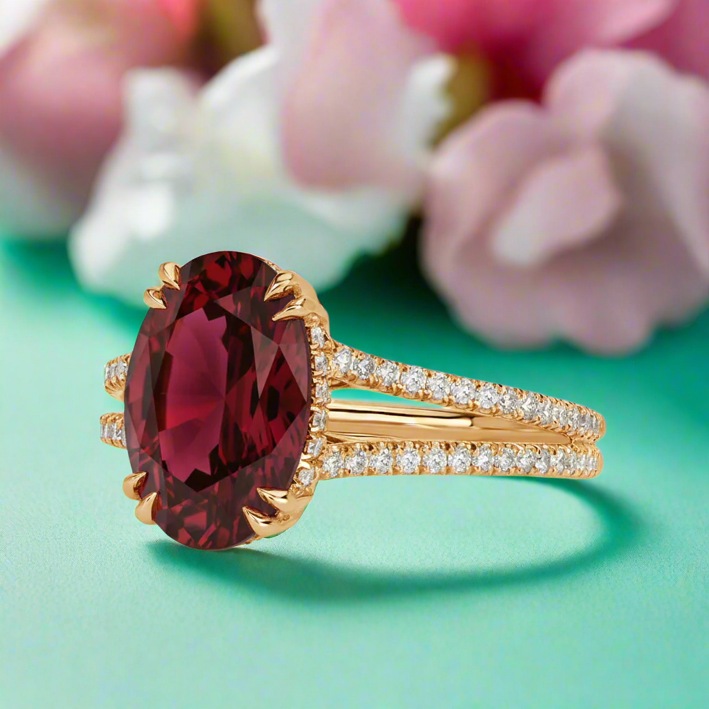 Gold ring with a large red gemstone and smaller diamonds on a white background