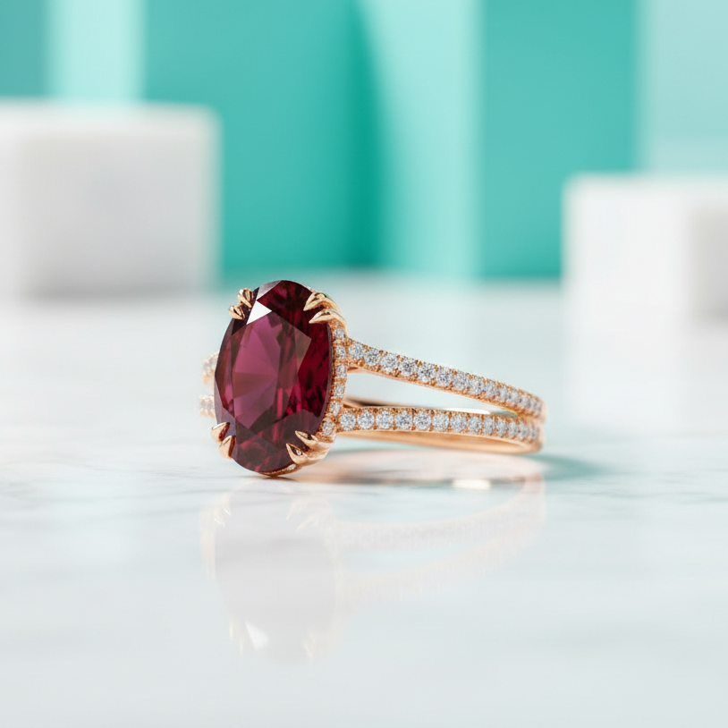 2.90 Ct Ruby Oval Cut Split Shank Engagement Ring-Evani Jewelry