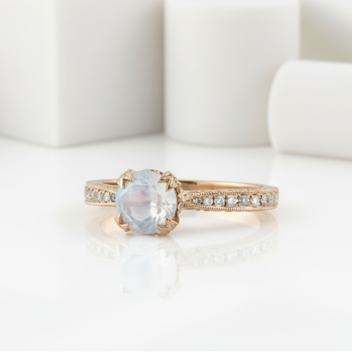 Gold ring with a moonstone and small diamonds on a white background