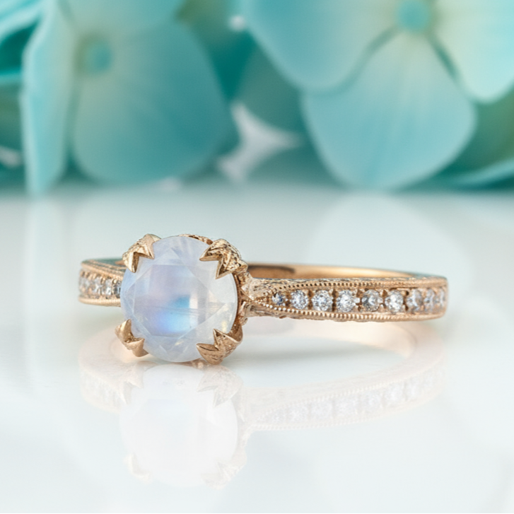 Gold ring with a moonstone and small diamonds on a white background