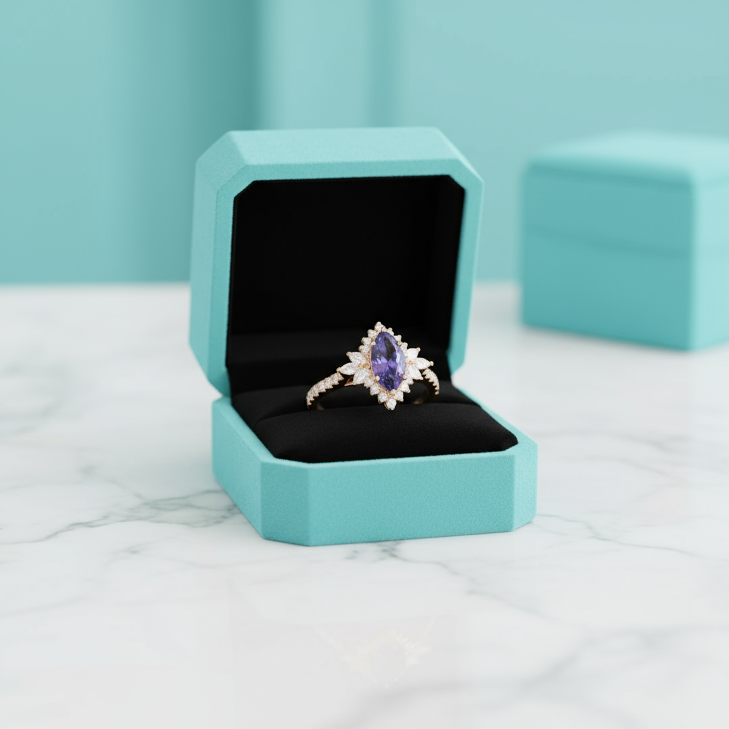 18k Yellow Gold Marquise Cut Tanzanite Halo Engagement Ring-Evani Jewelry