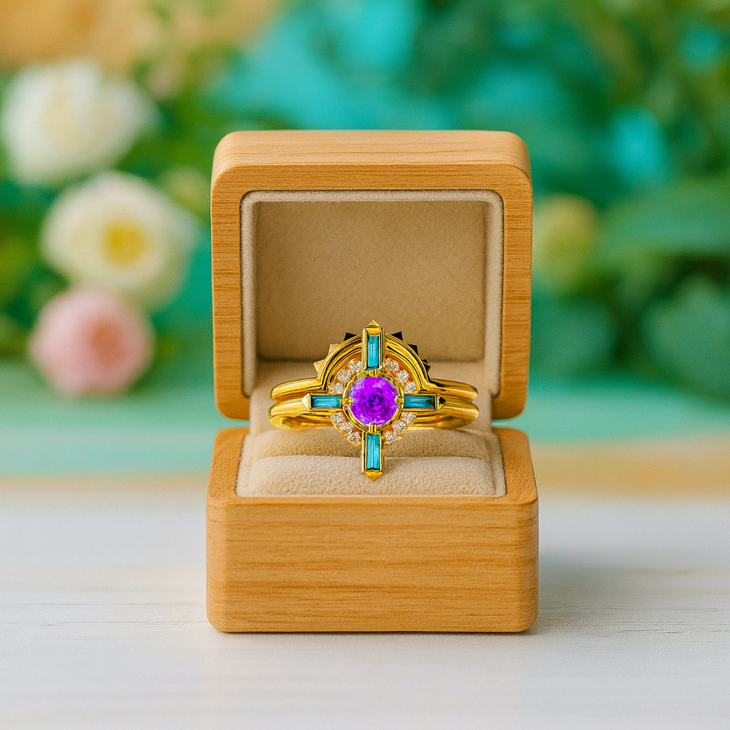 Gold ring with a purple gemstone in a wooden box against a blurred floral background