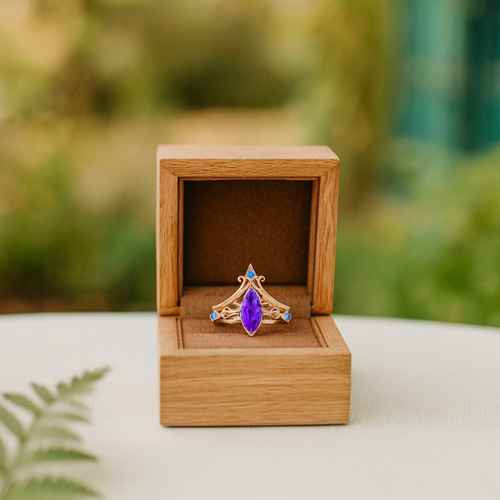 Gold ring with a purple gemstone in a wooden box against a blurred natural background