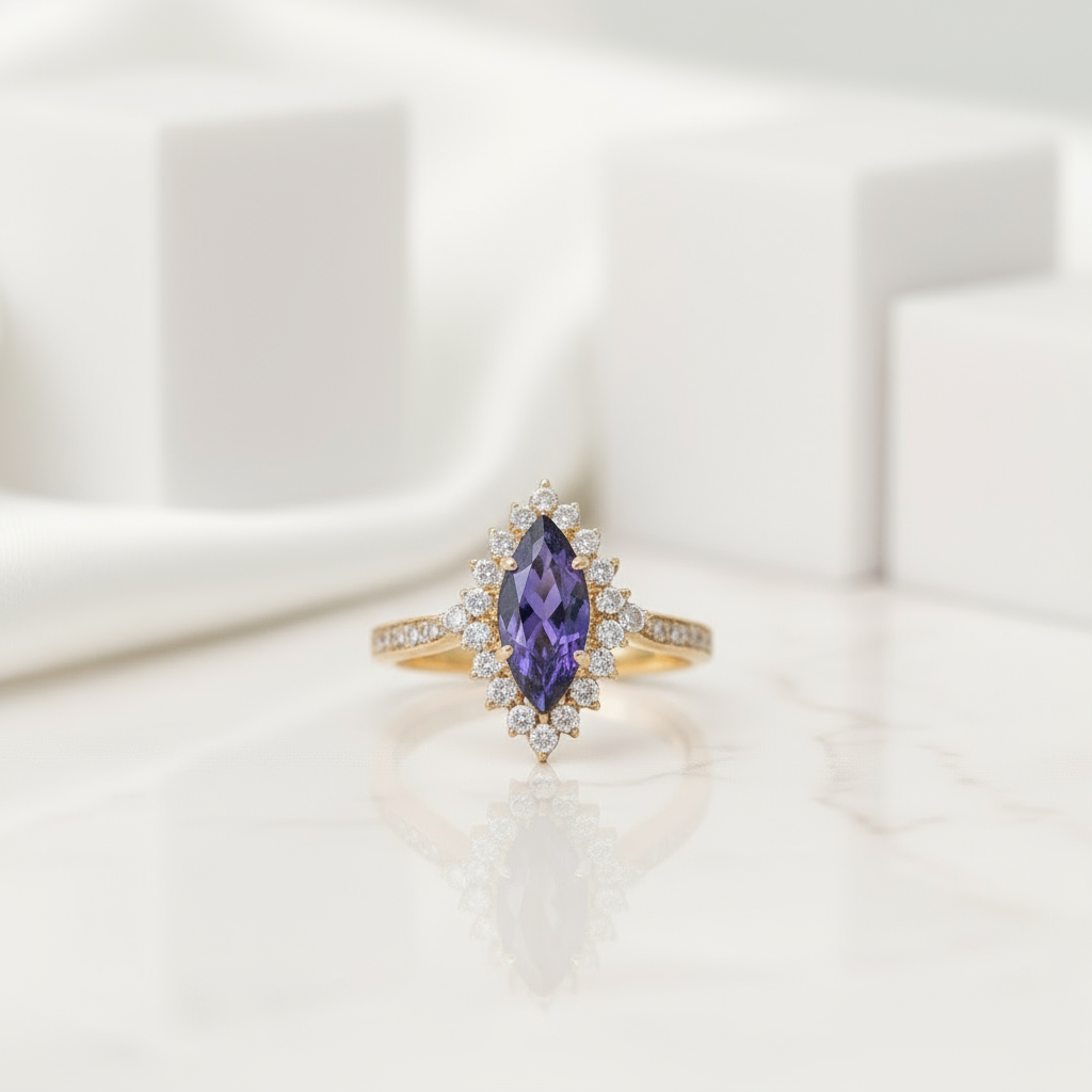 18k Yellow Gold Marquise Cut Tanzanite Halo Engagement Ring-Evani Jewelry