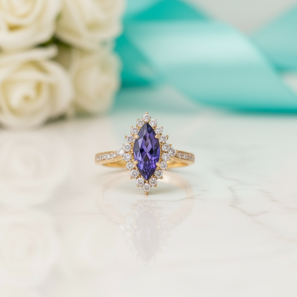 18k Yellow Gold Marquise Cut Tanzanite Halo Engagement Ring-Evani Jewelry