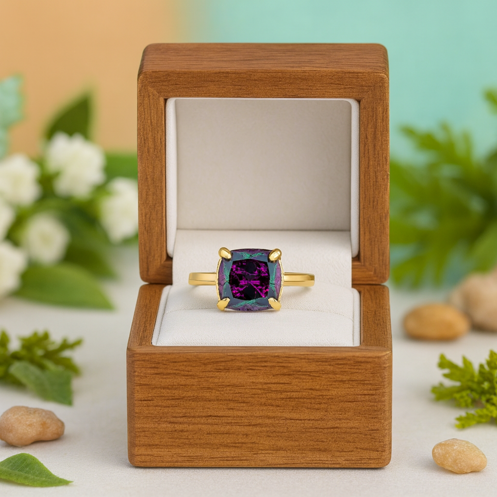 Gold ring with a purple gemstone in a wooden box with a natural background