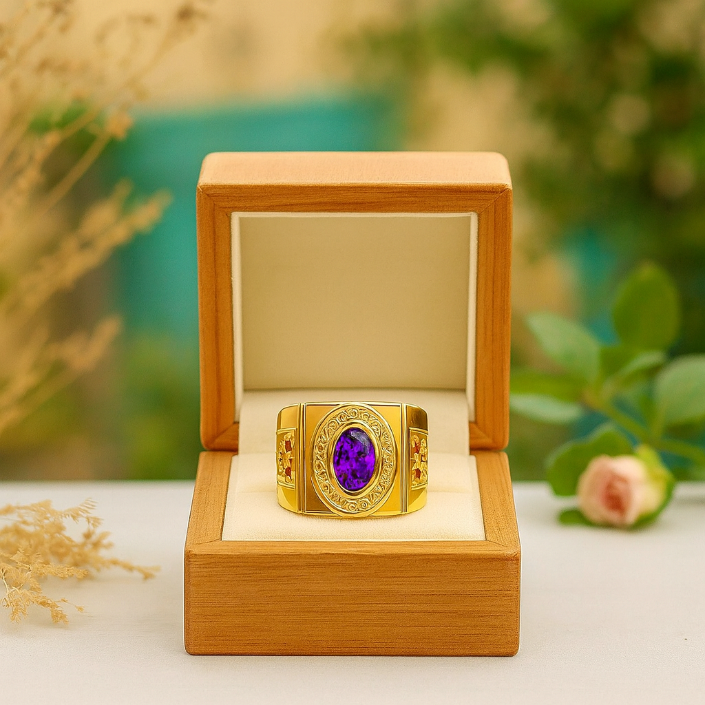 Gold ring with a purple gemstone in an open wooden box against a blurred natural background