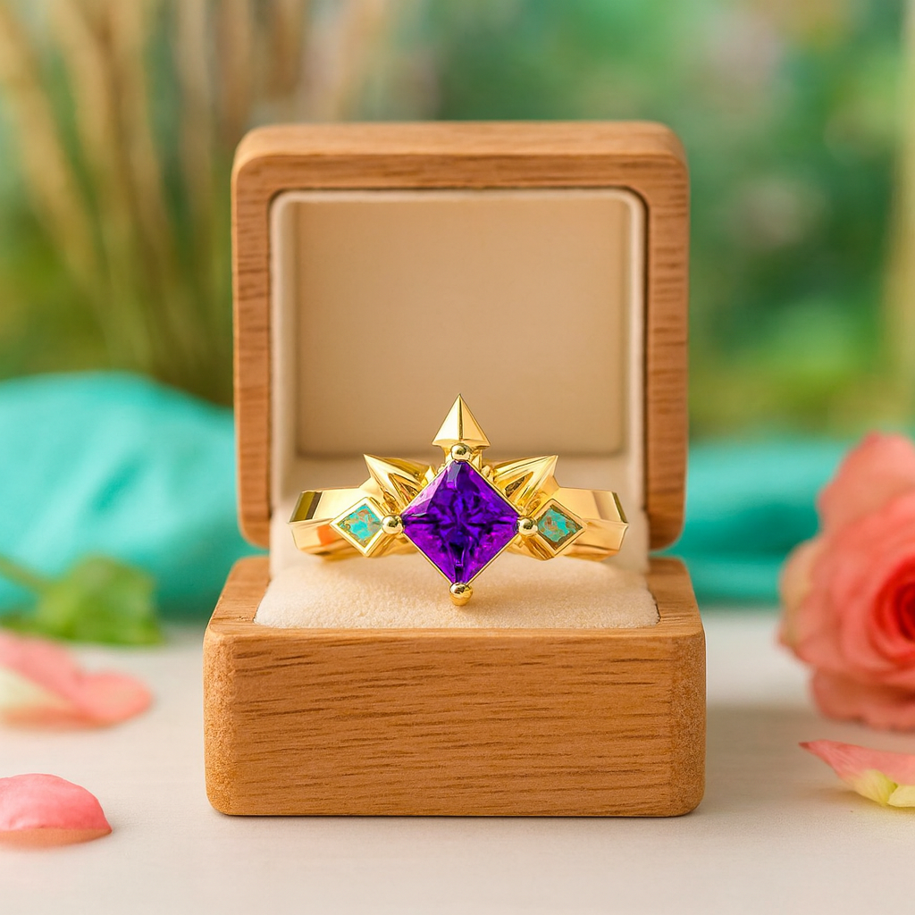 Gold ring with a purple gemstone in an open wooden box on a blurred natural background