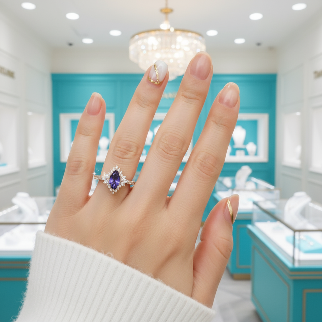 18k Yellow Gold Marquise Cut Tanzanite Halo Engagement Ring-Evani Jewelry