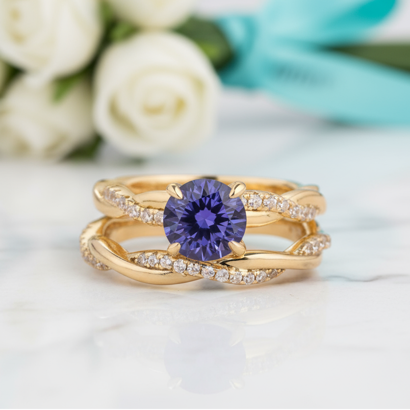 Gorgeous 1.2ct Round Cut Tanzanite Twist Engagement Ring Set-Evani Jewelry