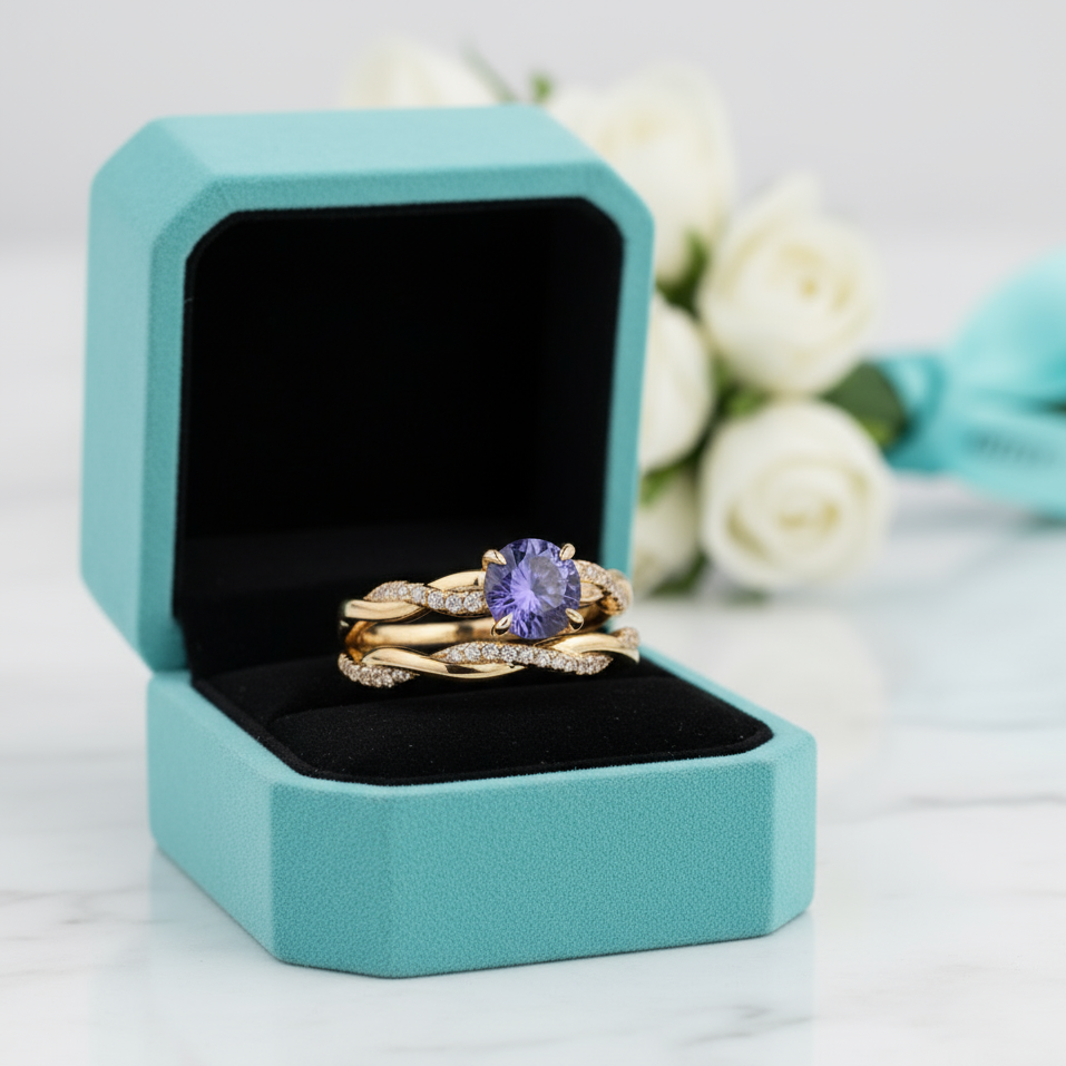 Gorgeous 1.2ct Round Cut Tanzanite Twist Engagement Ring Set-Evani Jewelry