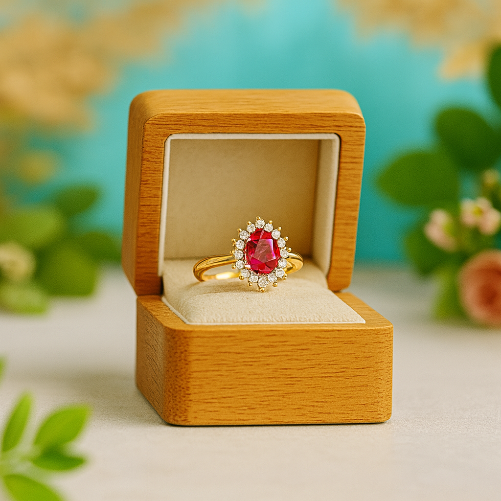 Gold ring with a red gemstone in a wooden box against a blurred natural background