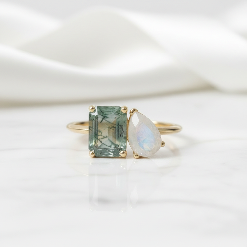 Emerald Cut Moss Agate with Pear Cut Moonstone Engagement Ring-Evani Jewelry