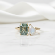 Emerald Cut Moss Agate with Pear Cut Moonstone Engagement Ring-Evani Jewelry