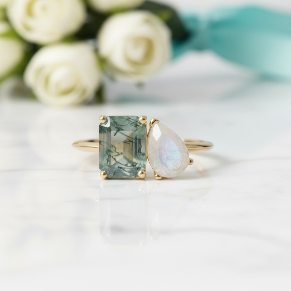 Emerald Cut Moss Agate with Pear Cut Moonstone Engagement Ring-Evani Jewelry
