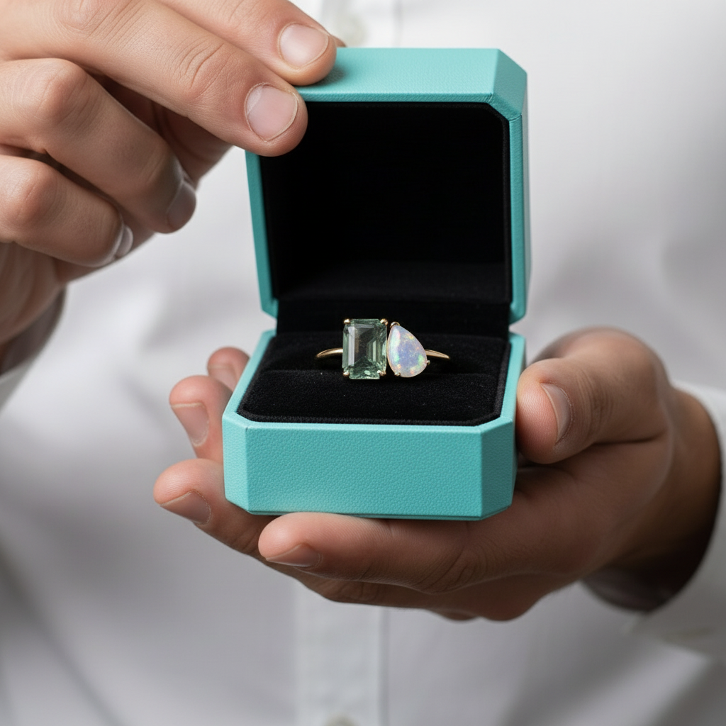 Emerald Cut Moss Agate with Pear Cut Moonstone Engagement Ring-Evani Jewelry