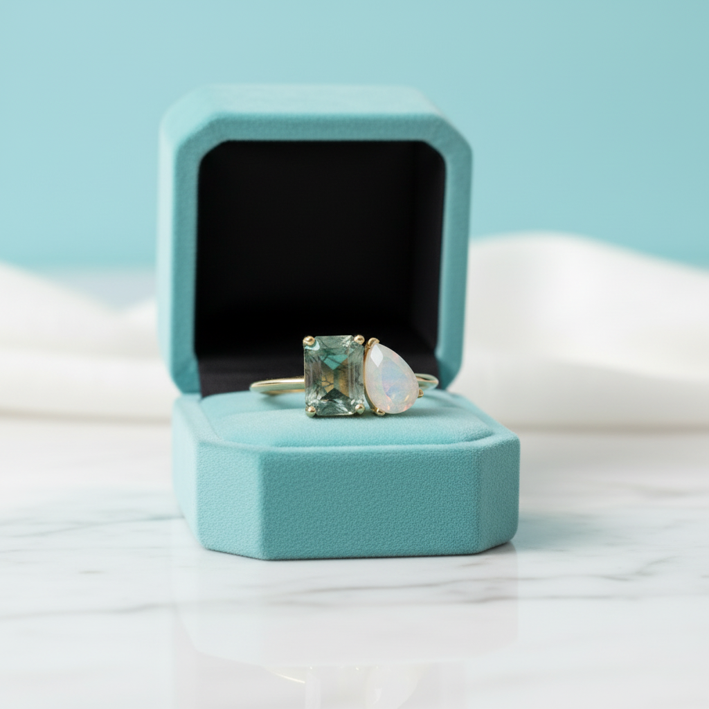 Sailor's Promise- Emerald Cut Moss Agate with Pear Cut Moonstone Engagement Ring - Evani Naomi Jewelry
