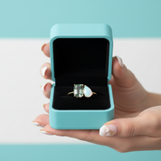 Sailor's Promise- Emerald Cut Moss Agate with Pear Cut Moonstone Engagement Ring